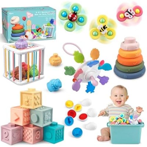 6 in 1 Baby Toys 6 to12-18 Months, Montessori Toys for 1-3 Year Old Martiount Stacking Building Blocks Infant Toys, Pull String Baby Teething Toys Sensory Toys 6-9-12 M Easter Gift for Baby