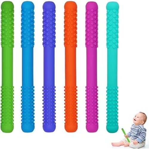 Hollow Teething Tubes Toys for Babies Girls Boys, 6 Pack Silicone Baby Teether Toy Tube for Infants with Nursing Biting Chewing, Chew Straws for Toddlers 6-12 Months (Style A)