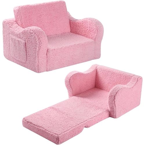 Kids Sofa Chair, 2-in-1 Foldable Couch, Sherpa, Pink