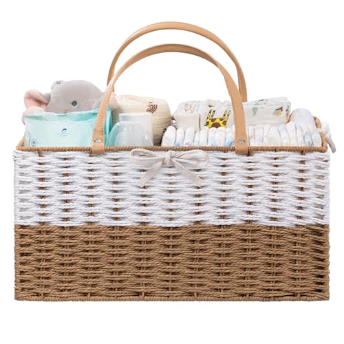 HBlife Baby Diaper Caddy Organizer, Paper Rope Storage Baskets Nursery Bin with Removable Divider, Portable Car Organizer for Diapers, Baby Shower Gifts, Newborn Essentials Must Haves