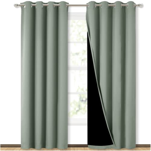 NICETOWN 100% Blackout Window Curtain Panels, Cold and Full Light Blocking Drapes with Black Liner for Nursery, 84 inches Drop Thermal Insulated Draperies (Greyish Green, 2 Pieces, 52" Wide per Panel)
