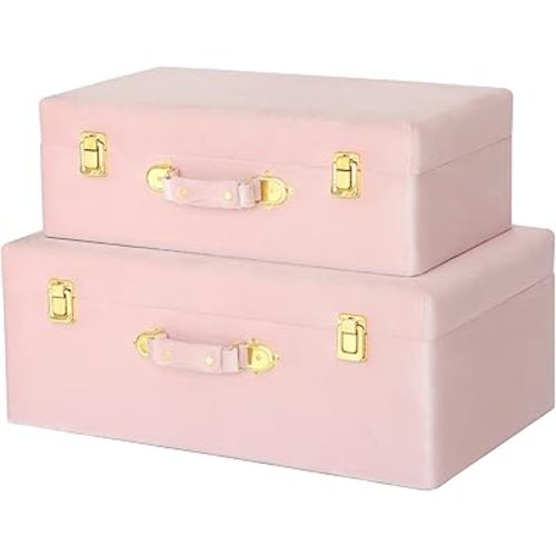 HofferRuffer Velvet Storage Trunks with Wood Frame, Set of 2 Storage Chests with Handles, Bedroom Organizer Nesting Upholstered Decorative Boxes Hinged Lid with Gold Hardware Accents (Pink Trunks)