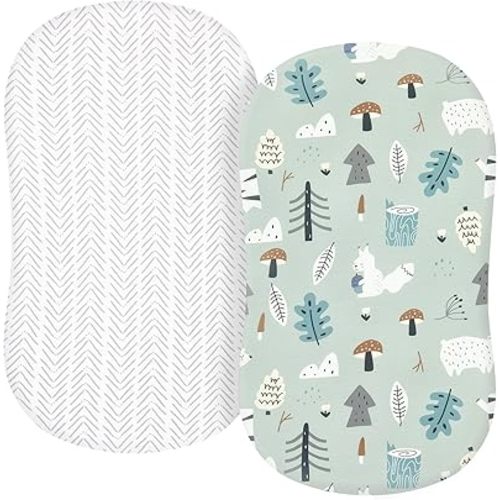 TILLYOU Baby Bassinet Sheets for Girls Boys, Fit for Hourglass Oval Rectangle Bassinet Mattress Sheets, 33”X16”, 2 Pack Jungle Walk and White Stripes