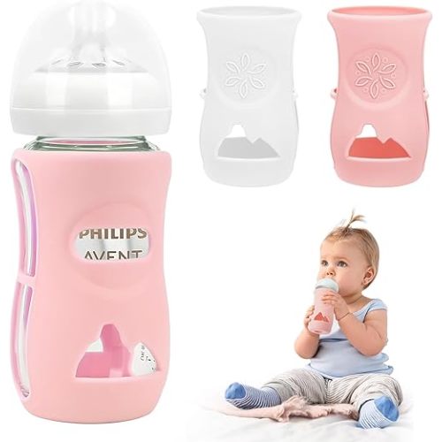 2 Pack Silicone Sleeves for Philips Avent Glass Natural Baby Bottle 8 oz, Food Grade Silicone, BPA Free Glass Baby Bootle Sleeve, Anti Breakage Baby Bottle Holder, Non-Scald, Dishwasher/Heaters Safe