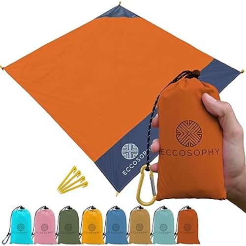 ECCOSOPHY Sand Proof Beach Blanket - Waterproof Picnic Blanket 60x55 Outdoor Compact Pocket Blanket Lightweight Ground Cover for Hiking Camping Festivals Sports Travel with Bag & Stakes (Terracotta)