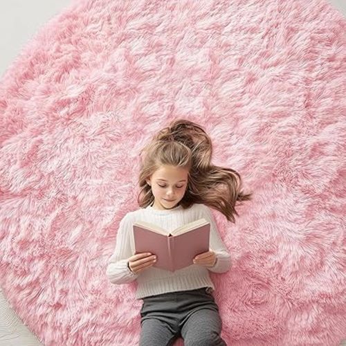 OLANLY Pink Round Rugs for Bedroom - Machine Washable, 6' Circle Area Rugs for Living Room, Soft and Fluffy Shaggy Carpet for Teen Girls and Boys, Nursery Rooms, Dorms, Home Decor Aesthetic