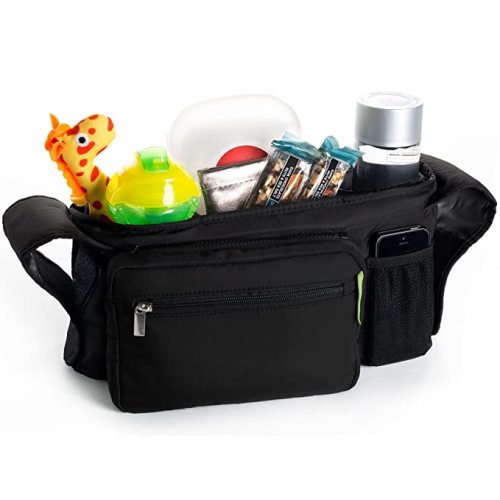 Ethan & Emma Universal Baby Stroller Organizer with Insulated Cup Holders for Smart Moms. Diaper Storage, Secure Straps, Detachable Bag, Pockets for Phone, Keys, Toys. Compact Design Fit All Strollers - Black