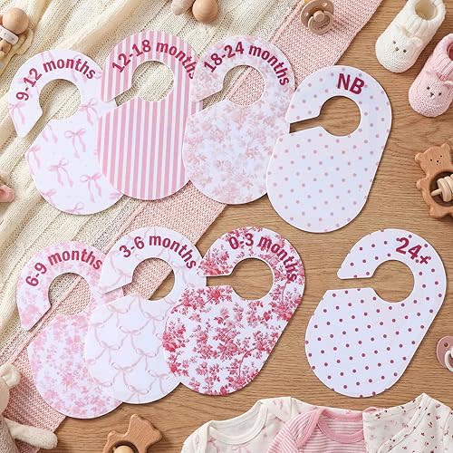 8 Pcs Pink Baby Closet Dividers Double-sided Bow Baby Girl Clothes Closet Hanger Dividers Wardrobe Organizer Coquette Preppy Nursery Decor for Sorting 8 Sizes from Newborn to 24+ Months