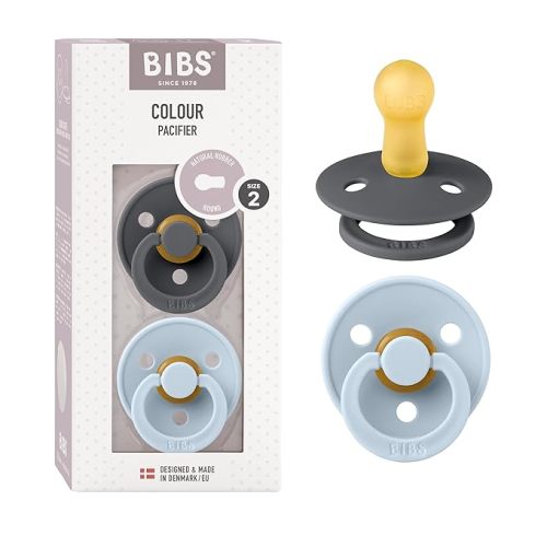 BIBS Pacifiers Colour Collection | Natural Rubber Baby Pacifier | Set of 2 BPA-Free Soothers | Made in Denmark | 6+ Months (Pack of 2) | Baby Blue/Iron
