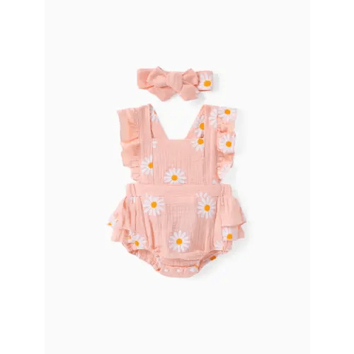 100% Cotton 2pcs Daisy Print Crepe Fabric Baby Romper Set