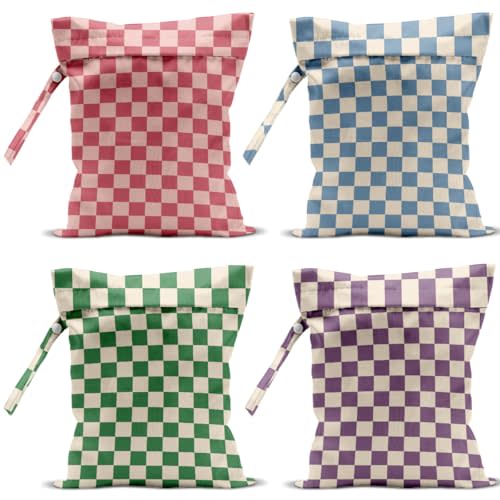 4 Pack Cute Wet Bag Waterproof Washable Reusable Wet Dry Bag for Swimsuit Dirty Clothes Diaper Travel Pool Yoga Gym Birthday Party Camping Toiletries Travel Beach Essentials, Colorful Checkered