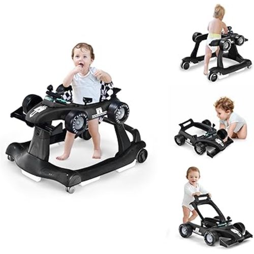 Baby Walker with Wheels, Convertible Baby Push Walker & Race Car Mode, Infant Activity Center with Music Box, 3 Heights & 2 Speeds, Foldable Walkers for 6-18 Months (Black)