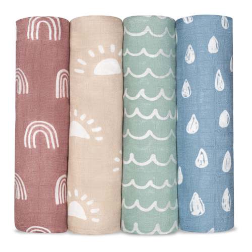 Muslin Swaddle Blankets, 4 Pack by Comfy Cubs - Sun, Rainbow, Rain & Doodle