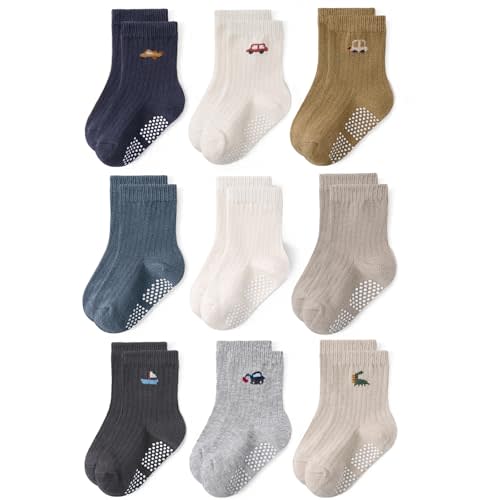 Bearbay Toddler Non Slip Cotton Crew Socks with Anti-slip Dots for Infant Baby Boys Girls