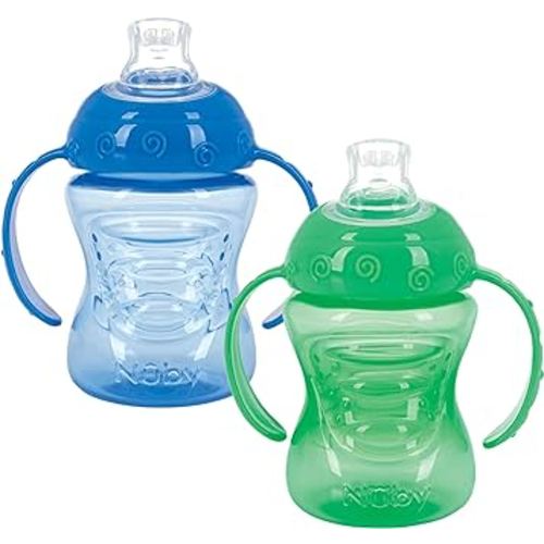 Nuby Plastic 2-Pack Tow-Handle No-Spill Super Spout Grip N' Sip Cup, 8oz, Blue and Green