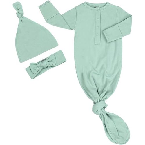 TWINOR Plain Knotted Baby Gown with Headband Hat Infant Sleeper for Baby Girl and Boy