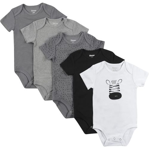 Hanes Baby Bodysuits, Ultimate Flexy Short Sleeve for Boys & Girls, 5-Pack - 0-6 Months - Grey/Black