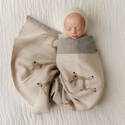 Knit Baby Swaddle Blanket - 100% Cotton Soft Cozy Receiving Swaddling Stroller Blanket Quilt for Shower Gift Registry for Newborns Infants Toddlers Gender Neutral (Deer - Taupe)