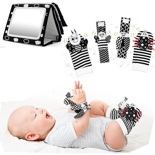 Baby Toys 0-12 Months - Foot Finders & Wrist Rattles with Tummy Time Mirror Toys Black and White Sensory Toy