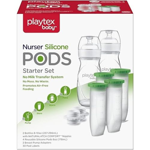 Playtex Baby Nurser Bottle Set with Reusable Silicone Pods, 2x8 Oz Bottles, 4x6 Oz Silicone PODS, 2 Breast Pump Adapters - Anti-Colic, Eco-Friendly Baby Feeding Solution