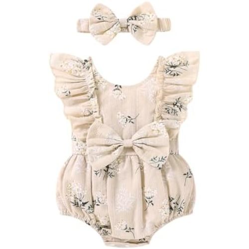 YOUNGER TREE Newborn Baby Girl Clothes Ruffle Sleeve Rompers Infant Backless Floral Jumpsuit Summer Outfits with Headband