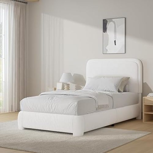 Twin Bed Frames with Headboard, Boucle Upholstered Platform Bed, Modern Style, Soft Rounded Corners, No Box Spring Needed, Easy Assembly, White