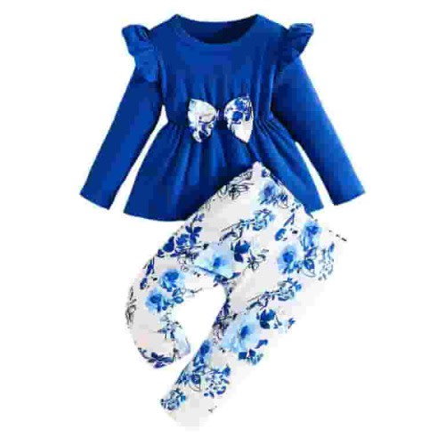Hpapadks Baby Girl Outfits Long Sleeve Flowers Print Ribbed Bowknot Tops Trousers Set Baby Girl Clothes Blue 3 Months-6 Months