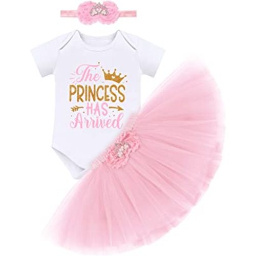 IMEKIS Newborn Baby Girls Coming Home Outfit Princess Romper + Tutu Skirt + Flower Headband Shiny Clothes Set for Photo Shoot