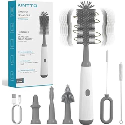 KINTTO Electric Bottle Brush Cleaner Set, Baby Bottle Brush Cleaning with Rechargeable,Waterproof Replaceable Nipple and Straw Silicone Brush Gray