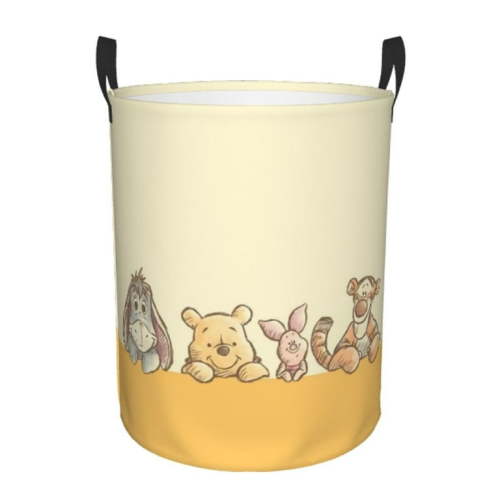 Winnie The Pooh Laundry Hamper with Handles, Foldable Waterproof Circular Basket, Kids Toys Dirty Clothes Storage Organizer Basket for Bedroom Bathroom Nursery Dorm Small