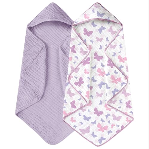 Yoofoss Hooded Baby Towels for Newborn 2 Pack 100% Muslin Organic Cotton Baby Bath Towel with Hood for Babies, Infant, Toddler and Kids, 32x32Inch, Soft and Absorbent Newborn Essential, Butterfly