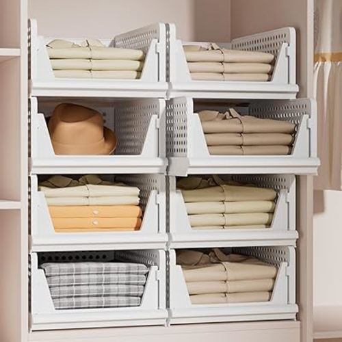 Stackable Plastic Storage Basket Closet Organizer Bin Foldable Clothes Organizer Storage Drawer Shelf Container for Living Room Bathroom Kitchen Office