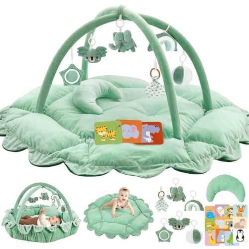 5-in-1 Plush Baby Play Gym, Baby Play Mats, Convertible Baby Gym with Pillow, Tummy time mat, 6 Sensory Toys, Activity Center from Newborn to Toddler, Pet Bed, Cat & Dog Bed, Ball Pit, Sage Green