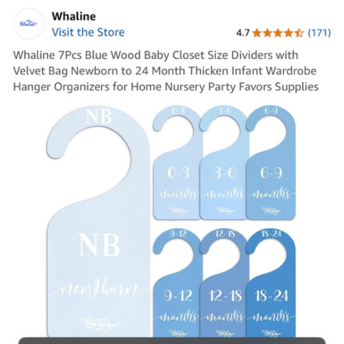 Whaline 7Pcs Blue Wood Baby Closet Size Dividers with Velvet Bag Newborn to 24 Month Thicken Infant Wardrobe Hanger Organizers for Home Nursery Party Favors Supplies