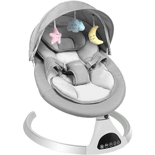 Electric Baby Swing for Infants to Toddler, Portable Babies Swinger for Newborn Boy and Girls with 5 Speed, Remote Control Music Speaker with 12 Lullabies and Bluetooth (Grey)