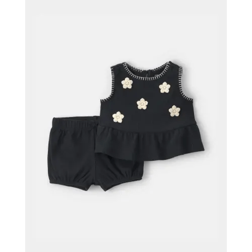 Baby Girl 2-Piece Floral Applique Top & Short Set - Black | Carter's