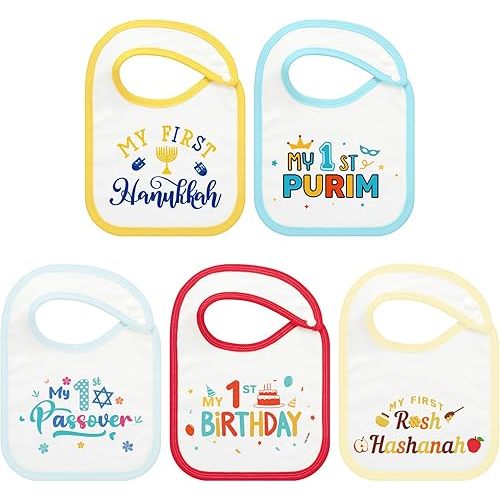 Cuffbow 5 Pcs Baby First Holiday Bibs Set for Boys or Girls Birthday My First Hanukkah Purim Passover and Rosh Hashanah Bib Gifts for Baby Shower Jewish Boy Newborn Infant Feeding Teething Drooling