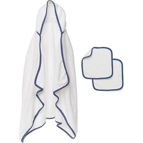 Lalo The Hooded Towel & Washcloth Set, 100% Organic Cotton, Soft on Sensitive Skin, Durable & Absorbent, Machine Washable, includes One Baby Towel and Two Washcloths - Blueberry
