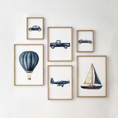 Vintage Vehicle Prints, Watercolor Nursery Wall Art, Printable Transportation Nursery Decor, Baby Boy Room, Car Playroom Prints, Navy Blue