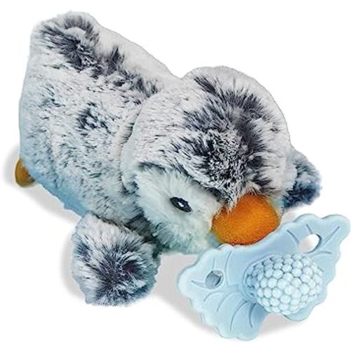 RaZbaby Penguin RaZbuddy w/RaZberry Teething Relief Pacifier – Soothes Sore Gums w/Nature-Inspired Texture, 100% BPA-Free Silicone Teether, Detachable Stuffed Animal – 3 Months+ Teether, Blue