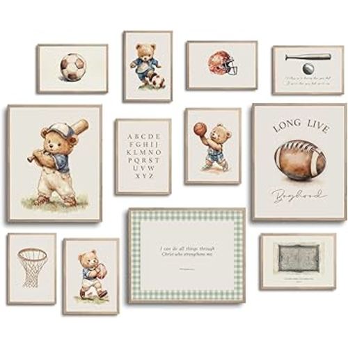 TwoDays Vintage Sports Nursery Decor for Toddler Boys Bedroom, Cute Bear Wall Art for Kids Playroom, Long Live Boyhood Posters for Little Man Cave (Multi Sizes, Set of 12, 8" X 10" Largest, UNFRAMED)