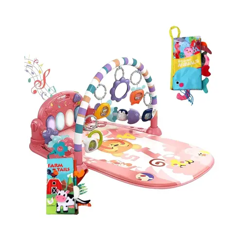 dearlomum Baby Play Mat Baby Gym,Funny Play Piano Tummy Time Baby Activity Mat with 5 Infant Sensory Baby Toys & 2 Baby Book Toys, Boy & Girl Gifts for Newborn 0 to 3 6 9 12 Months(Pink)