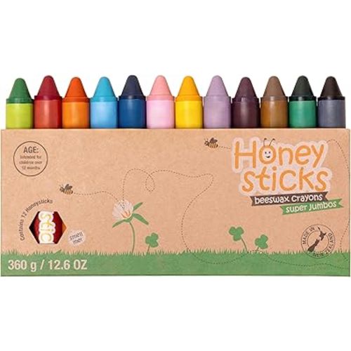 Honeysticks Super Jumbo Crayons (12 Pack) - 100% Pure Beeswax Crayons with Food Grade Colors, Non Toxic Crayons for Toddlers 1-3 Unbreakable, Extra Large Crayons, Easy to Hold and Use, Eco-Friendly