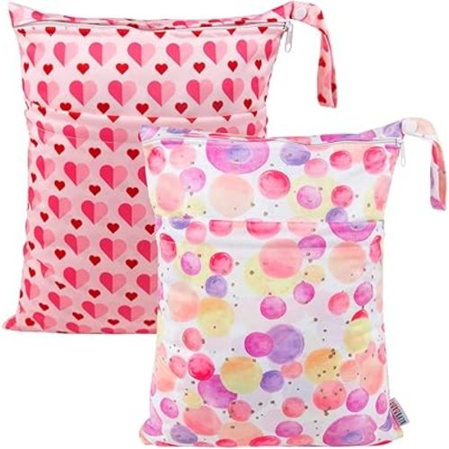 ALVABABY 2pcs Cloth Diaper Wet Dry Bags Waterproof Reusable with Two Zippered Pockets Travel Beach Pool Daycare Soiled Baby Items Yoga Gym Bag for Swimsuits or Wet Clothes LZ0102