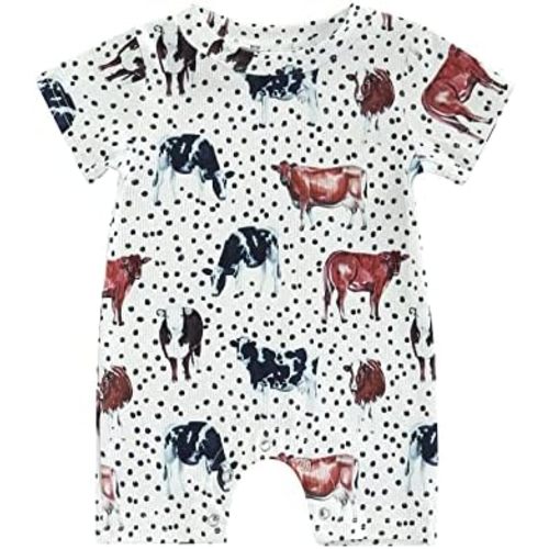 Gueuusu Country Baby Clothes Boy Girl Western Cow Print Short Sleeve Romper Bodysuit Ribbed One Piece Jumpsuit Summer Outfit