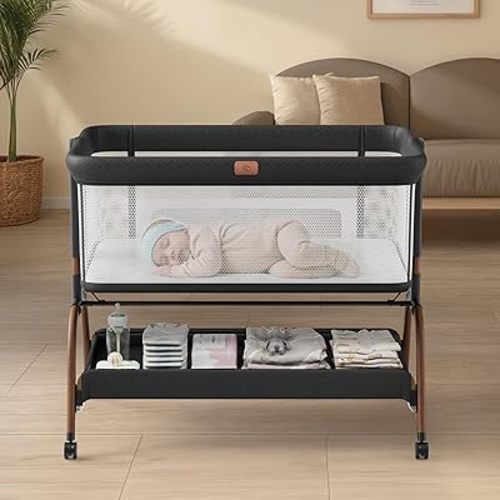 Baby Bassinet Bedside Crib, 3-in-1 Baby Bassinet Bedside Sleeper with Mattress and Soft, Breathable Sheet, Full-Mesh Sides, 6-Height Adjustable, Stable and Secure Crib for Newborns