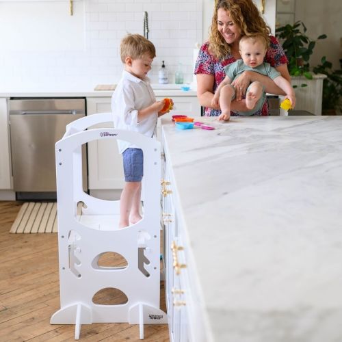 Little Partners Learning Tower Adjustable Height Kitchen Step Stool, Toddler Tower, Encourages Learning, Independence, and Engagement, Safety Climbing Tower for Kitchen Counter - Soft White
