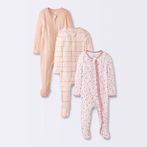 Baby Girls' 3pk Floral Sleep N' Play - Cloud Island™ Peach Newborn