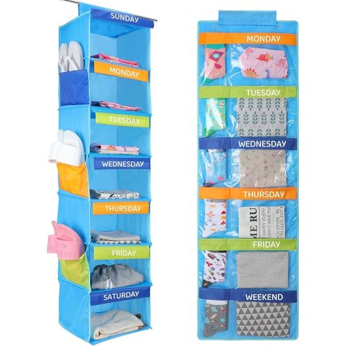 Woanger 2 Pcs Weekly Hanging Clothes Organizer for Kids 11.8 x 11.8 x 48 Inches Shelf Daily Activity Kids Clothes Storage Organizer Hanging Cube Clothing Shoe Storage School Organization(Blue)