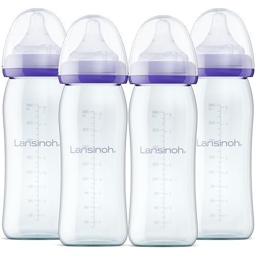 Lansinoh Anti-Colic Glass Baby Bottles for Breastfeeding Babies, 8 Ounces, 4 Count Bottles for Feeding, Baby Essentials, Includes 4 Medium Flow Nipples, Size M